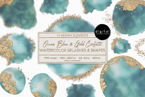 Download Ocean Blue Watercolor Splashes &amp; Gold - Ocean blue Collection