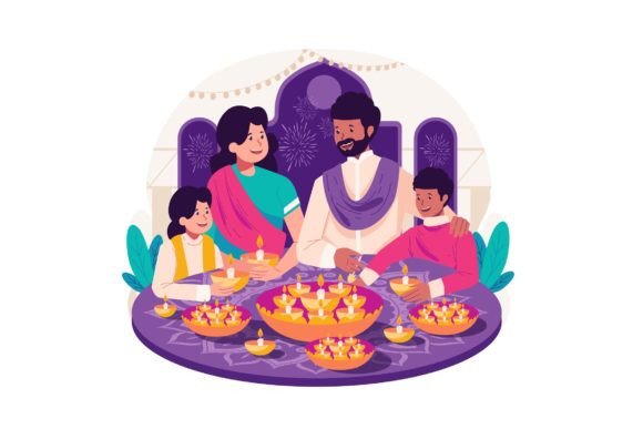 Download Family Celebrate Diwali Illustration - Illustration Collection